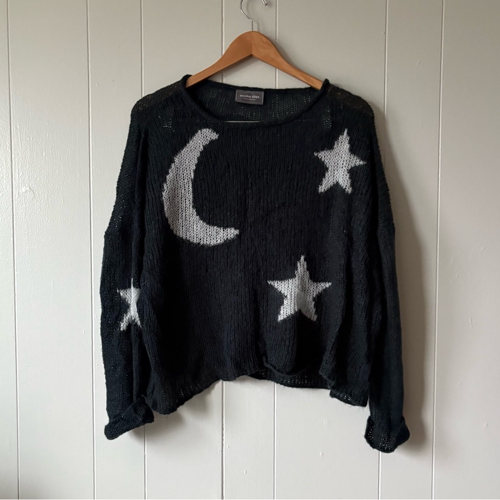 Wooden Ships Navy Sweater with White Moon and Stars